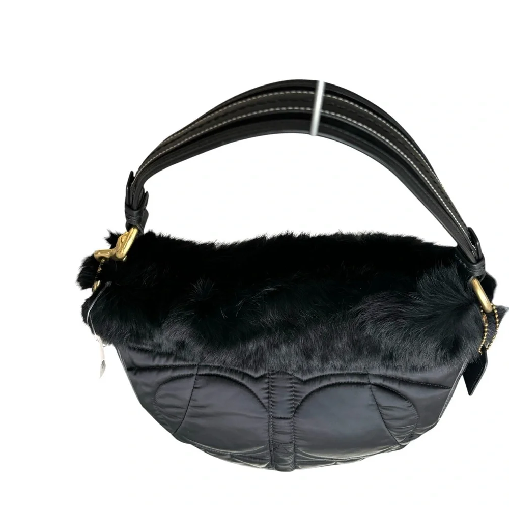 🆕 Coach Fur Signature Shoulder Bag Black Quilted Hobo